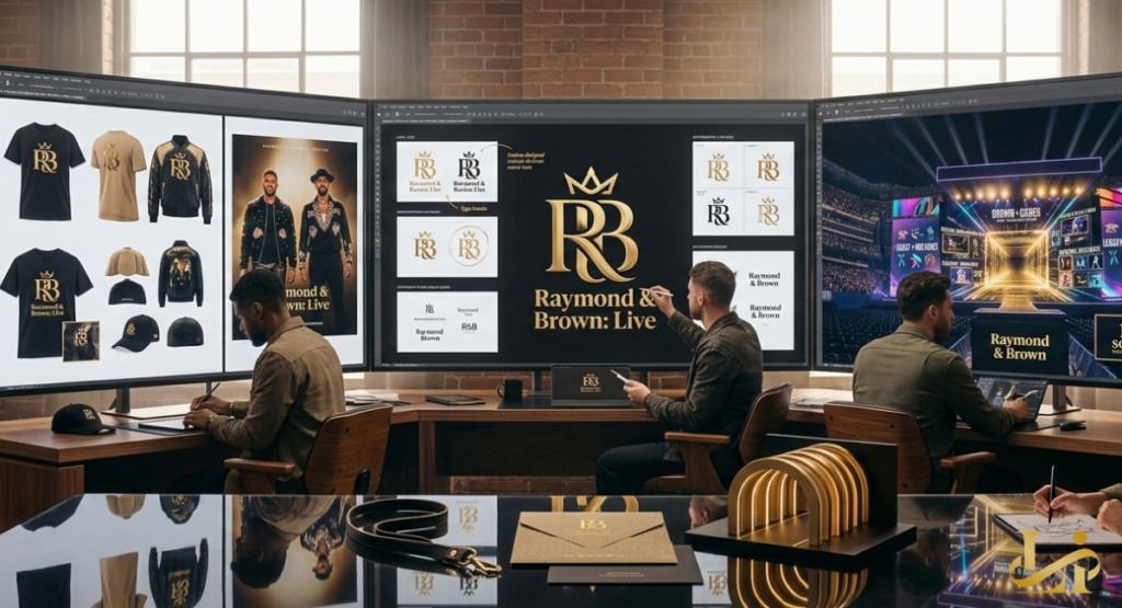Graphic designers work at a large triple-monitor setup, refining the "RB" crown logo and merchandise mockups for a major concert series.