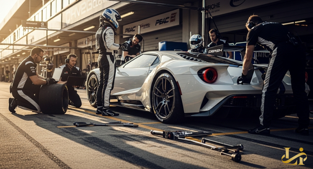 A three-quarter rear perspective view from pit lane looking at a white Ford GT GT3 race car parked. It is surrounded by a six-person, black-suited pit crew actively working on various components, including tire analysis with a laptop on a removed wheel.