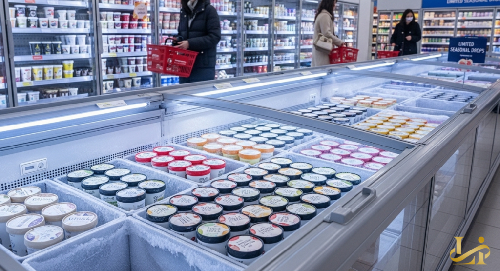 Open grocery freezer cases packed with colorful pint containers under a “LIMITED SEASONAL DROPS” sign as shoppers browse with red baskets.