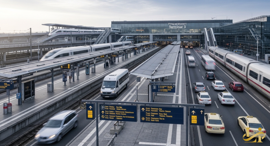 High-speed ICE trains, regional rail, buses, taxis, and cars converge at Frankfurt Terminal 3’s multi-level forecourt, with clear signage directing to departures and arrivals.