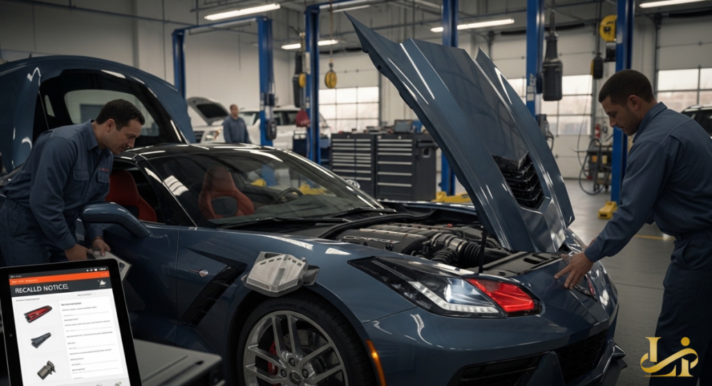 Automotive technicians examine a high-performance sports car with its hood open in a modern service bay following a sales halt and recall notice.