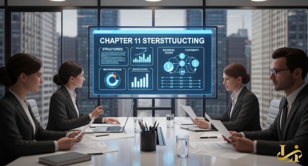 Four executives meet in a glass-walled boardroom reviewing a screen titled “CHAPTER 11 RESTRUCTURING” with strategy modules.