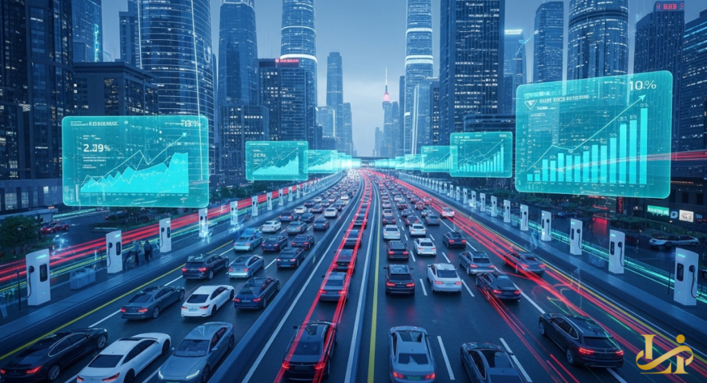 A busy multi-lane highway in a neon-lit megacity glows with EV traffic as holographic charts show double-digit adoption rates.
