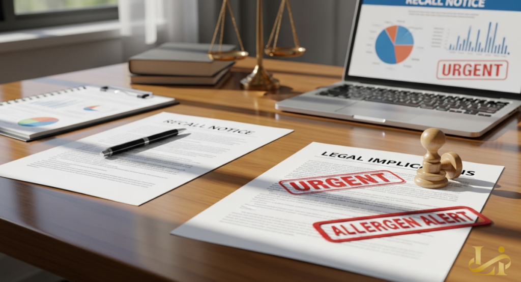 A wooden desk featuring legal documents stamped with "URGENT" and "ALLERGEN ALERT" in red ink. A laptop in the background displays a "RECALL NOTICE" with various statistical charts and graphs.