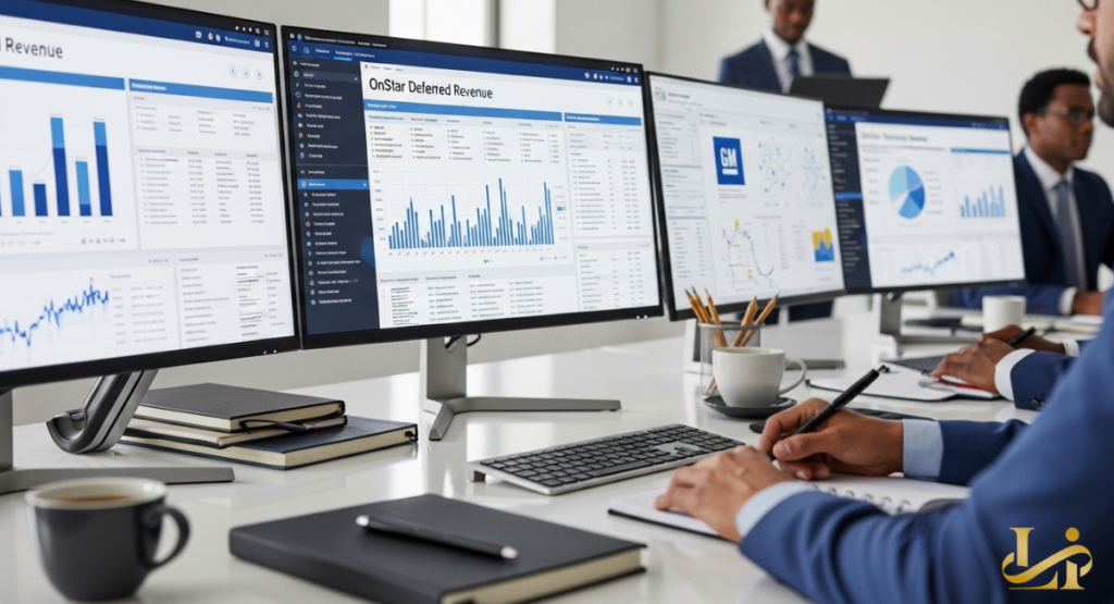 Multiple computer monitors display detailed data on deferred revenue and potential upside for a major automotive manufacturer's connected services.
