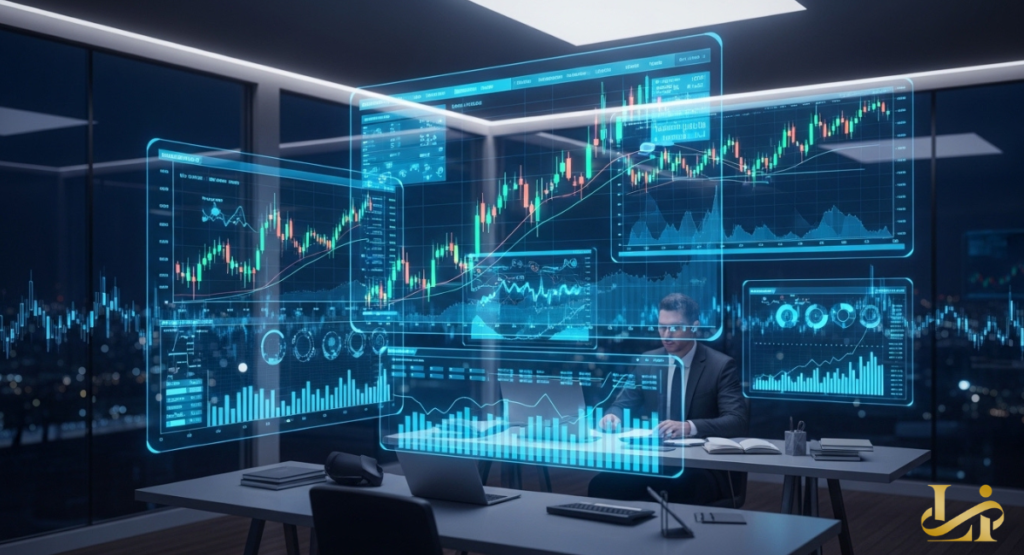 A financial analyst working in a dark modern office surrounded by large glowing blue holographic stock charts.