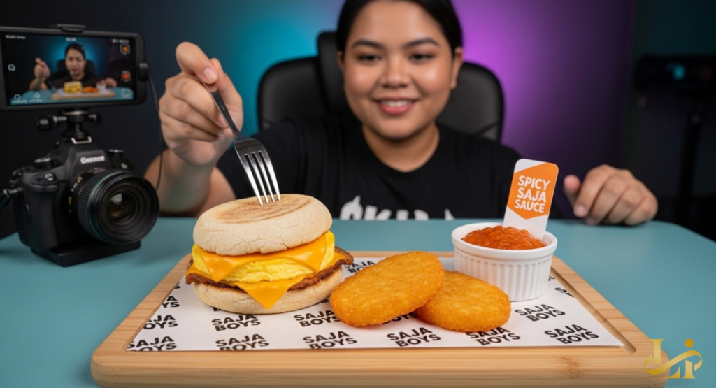 A collage of three social media video thumbnails featuring diverse creators reacting enthusiastically to a meal in a McDonald's parking lot. Large yellow text overlays read "MUST TRY" and "NEW SPICY SAUCE" across the top of the frames.