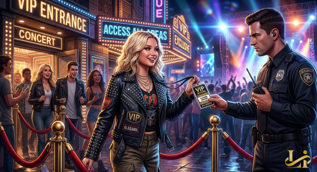 A smiling blonde woman in a studded leather jacket presents a "VIP ACCESS" badge to a security officer.