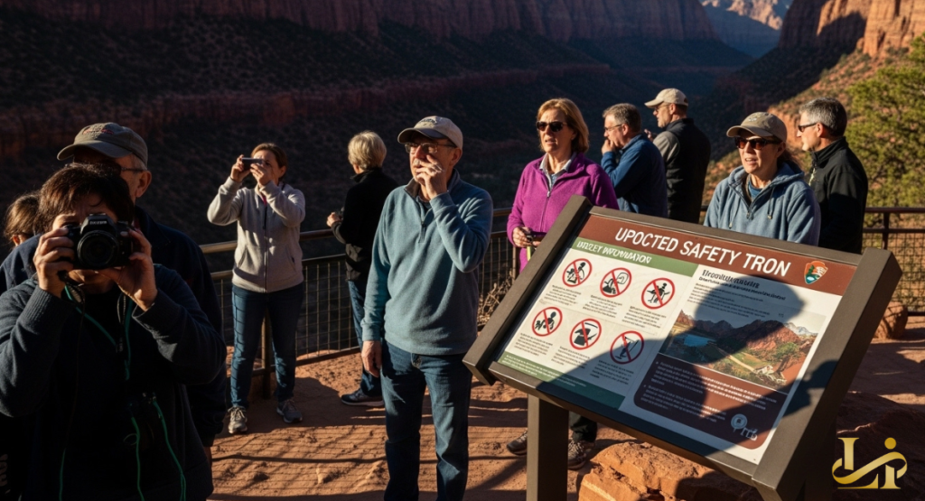 Tourists stand at an overlook reading an updated safety information panel while others take photos of the canyon.