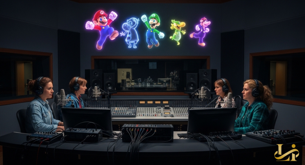 Four voice actors wearing headphones sit at microphones in a recording booth with a mixing console between them.