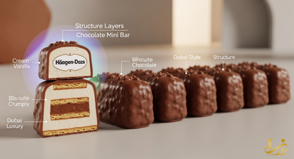 Cross-section of the mini bar shows cream vanilla ice cream, biscuit layers, and a textured chocolate shell