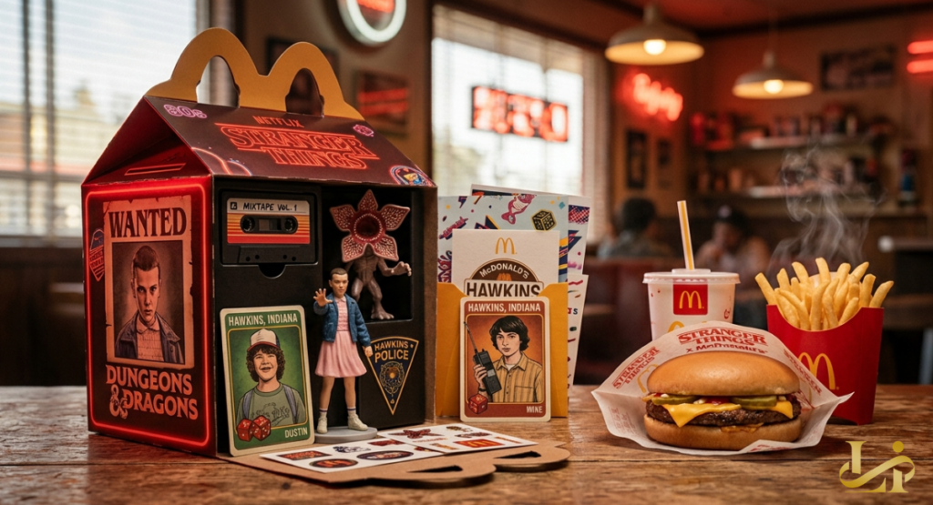 Open Stranger Things Happy Meal reveals Eleven and Demogorgon figures, character cards, a mixtape cassette prop, and Dungeons & Dragons “WANTED” poster next to a cheeseburger, fries, and drink.