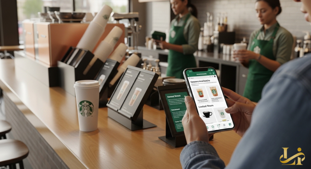 A customer holds a phone showing the Starbucks app while standing at the pickup counter. Menu boards and a white hot cup sit on the wooden bar as baristas work behind.
