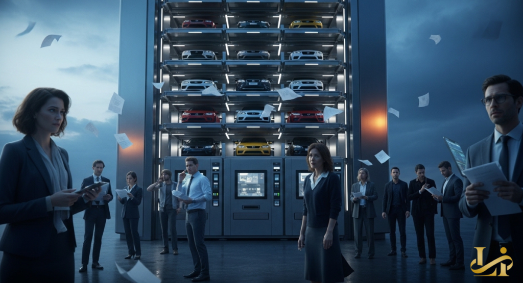 A Carvana massive glass car vending machine tower filled with various colorful vehicles against a twilight sky.