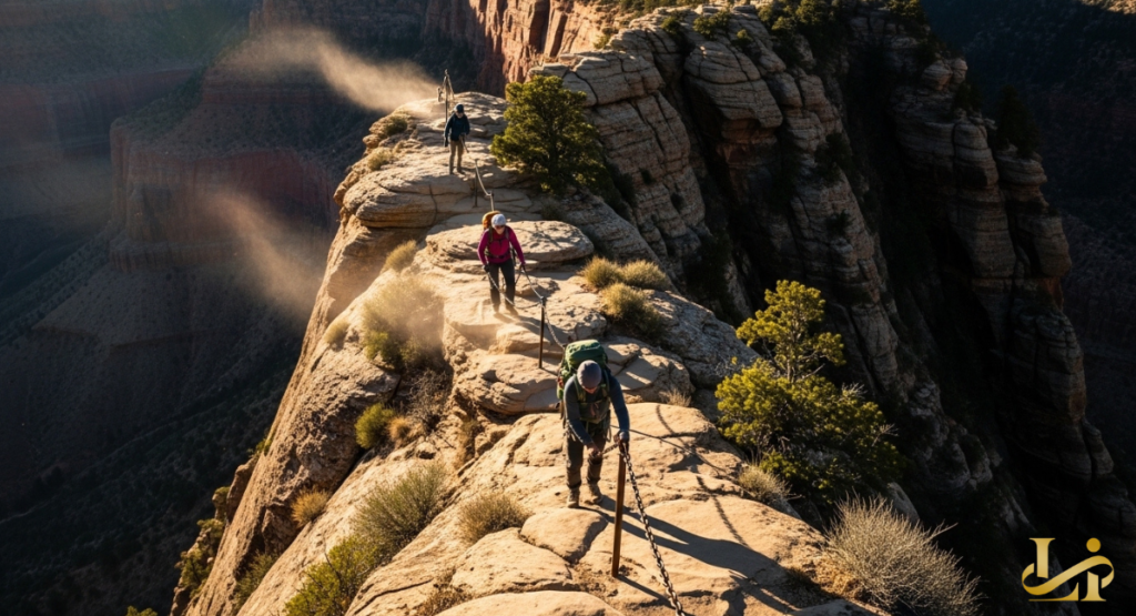 Three hikers use chains to climb a narrow sandstone spine with sheer drop-offs into a canyon at sunrise. Dust hangs in the air as they navigate the exposed ridge toward the summit.
