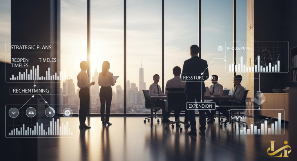 Executives stand in a high-rise office at sunrise, discussing holographic charts labeled “RESTRUCTURING” and “GROWTH.”