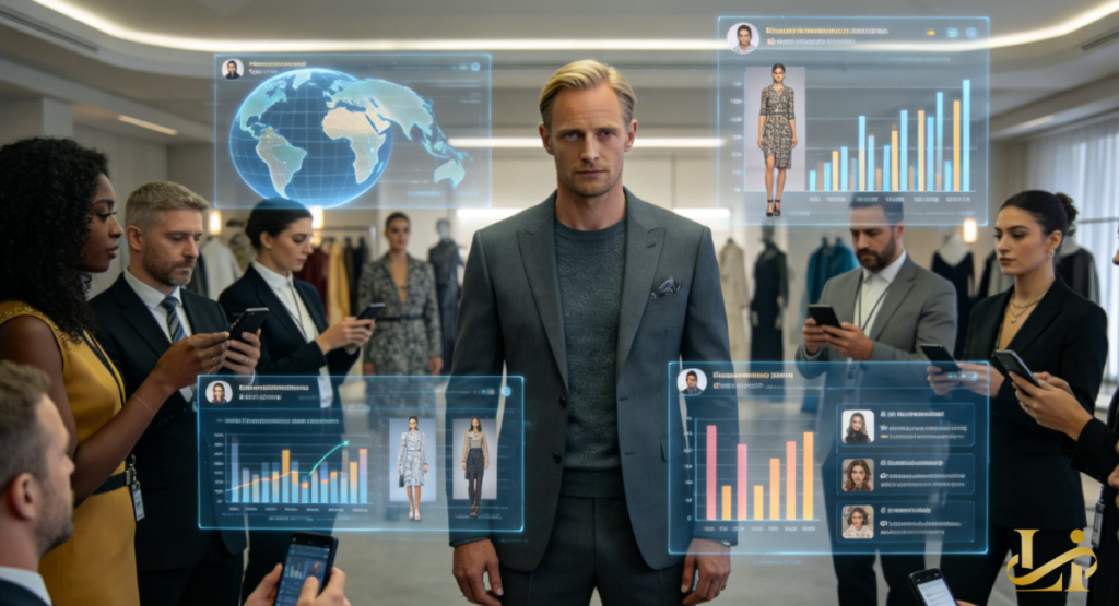 A blond man in a grey blazer stands amid people holding phones and data screens. Holograms show global maps, runway looks, and rising bar charts.