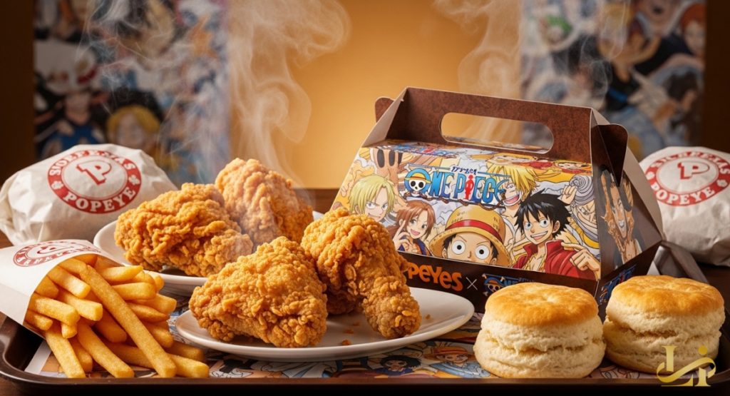 A close-up shot of a specialty meal tray featuring a spicy chicken sandwich served in a themed wrapper with pirate-inspired illustrations.