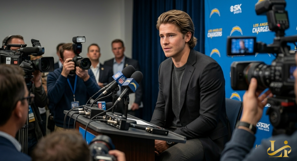 The quarterback sits at a press conference table with Chargers branding, surrounded by cameras and microphones.