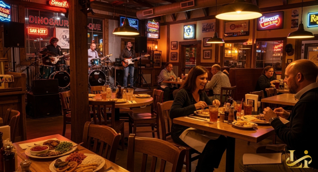 A live band plays on a small stage inside the restaurant while patrons eat plates of ribs and sides under neon signs.