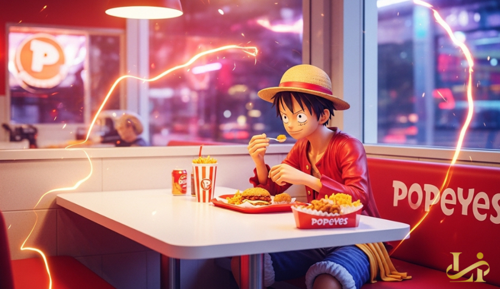 A side-by-side comparison of a traditional fast-food logo and a famous anime skull-and-crossbones emblem integrated into a single graphic.