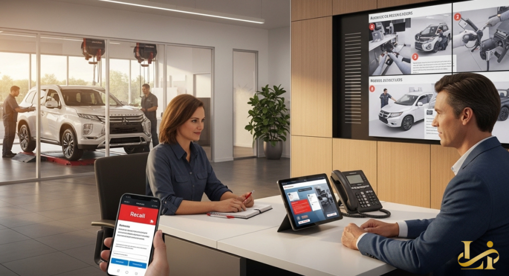 Dealership advisor meets with an owner at a service desk while a phone shows a “Recall” notification