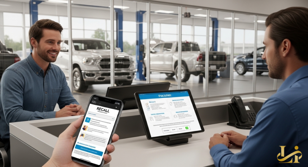 Customer smiles at a dealership service desk while holding a phone displaying a “RECALL” alert, as an advisor points to a tablet showing safety inspection steps.