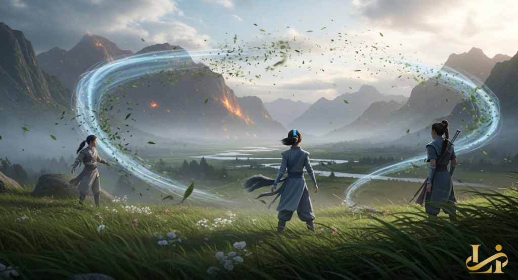 Three young adult characters standing in a grassy field as elemental swirls of air and leaves circle them.