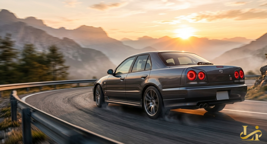 A grey sports sedan drifting around a sharp mountain hairpin turn at sunset, with smoke trailing from its rear tires.