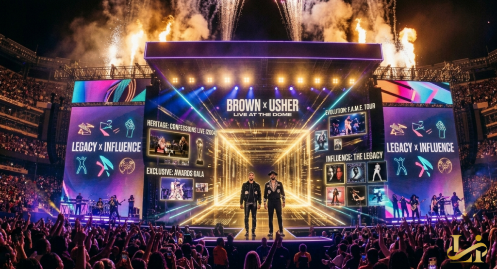 Two male R&B artists stand side-by-side on a lit stage platform, flanked by digital screens displaying career highlights and "Legacy x Influence" text.