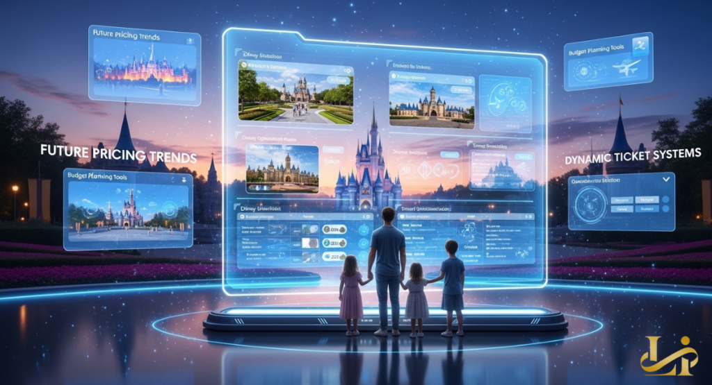 Family of four stands before a giant holographic screen displaying “Future Pricing Trends” and “Dynamic Ticket Systems” with Cinderella Castle at twilight.