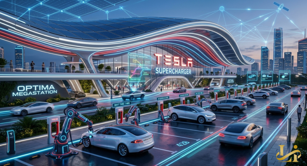 Futuristic Tesla Supercharger megastation with solar roof, robotic arms, and glowing wayfinding. EVs charge at Optima Megastation featuring AI routing and minimal wait time displays.