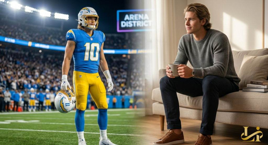 A split image shows the quarterback on the field in full uniform on the left and relaxing at home with coffee on the right.