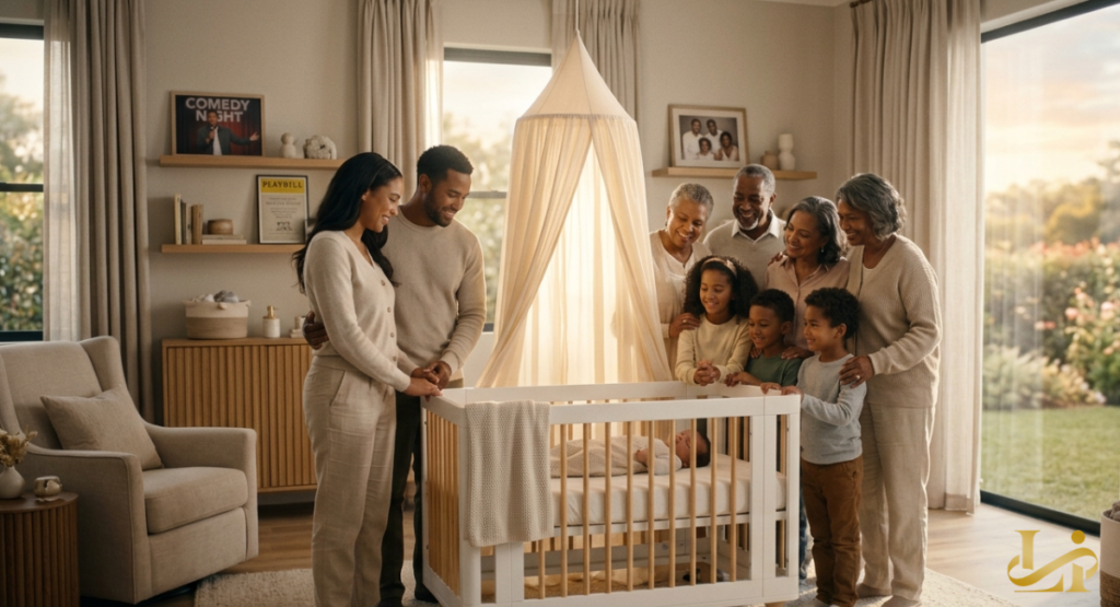 Three generations gather around a white crib in a sunlit nursery, smiling down at a newborn while comedy memorabilia and family photos decorate the peaceful room.
