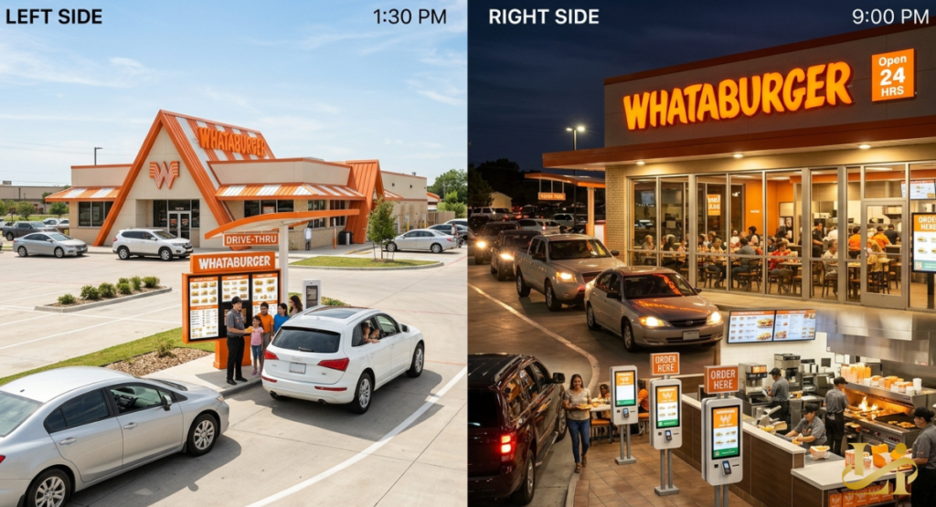 Split-screen shows daytime drive-thru service at 1:30 PM and busy 9:00 PM nighttime dining. Customers order at kiosks and menu boards while staff prepare food in open kitchen at 24-hour location.