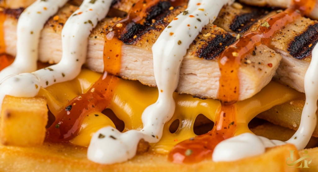 A deconstructed view of a fast-food meal featuring a bottle of Datil pepper hot sauce next to a bowl of seasoned potato wedges.