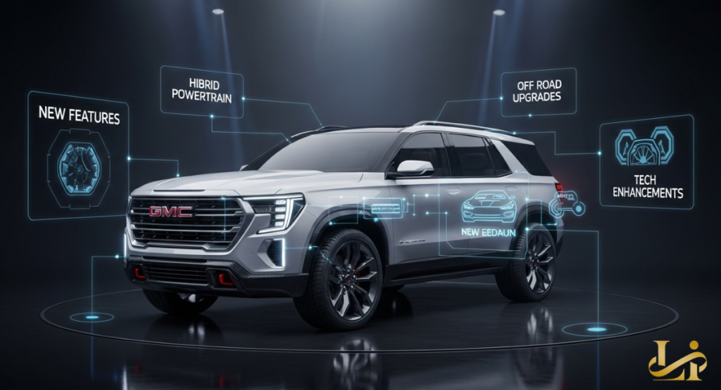 A three-quarter view of a dark metallic SUV, the GMC Jimmy, standing in a high-tech showroom with polished floors.