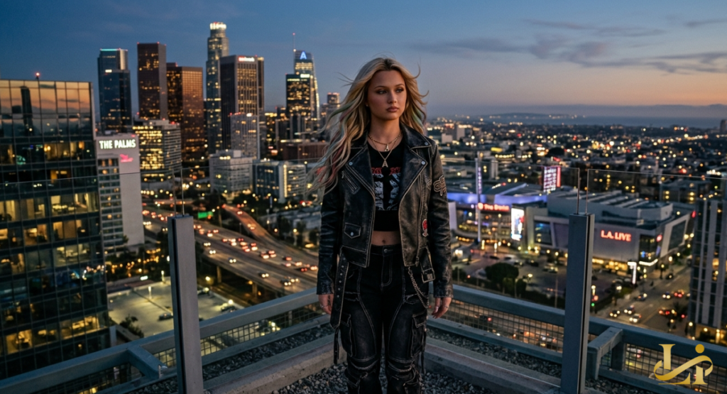 A young woman stands on a rooftop at dusk, looking out over a sprawling city skyline with glowing skyscrapers.