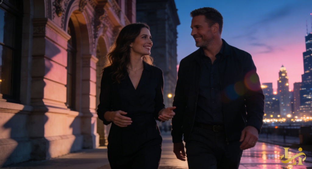 A man and woman walk side-by-side along a city waterfront at sunset, sharing a conversation and smiling at one another.