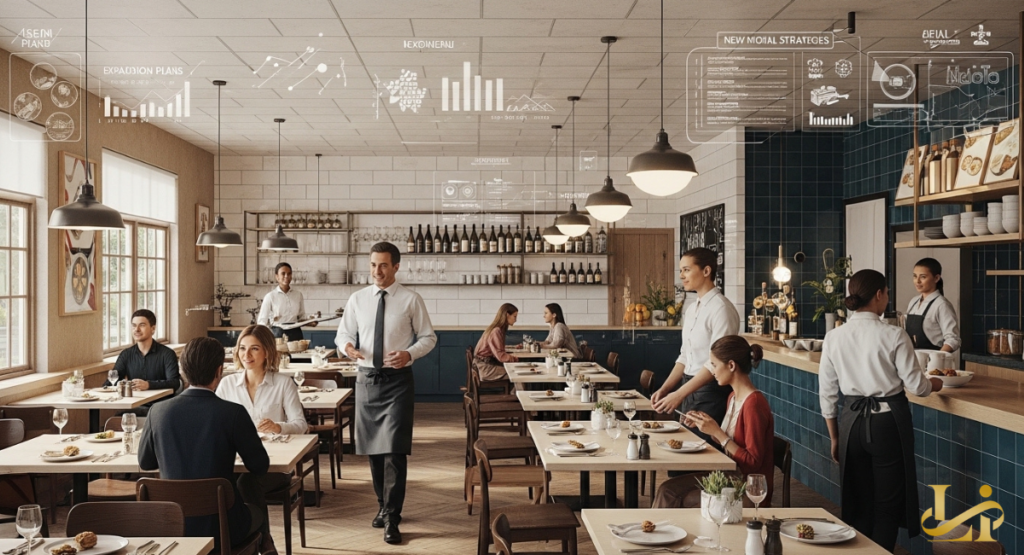 A bright, modern dining room with servers and guests is overlaid with holographic charts reading “Expansion Plans” and “New Model Strategies.” Clean lines and a bar focus signal a potential pivot for surviving locations.
