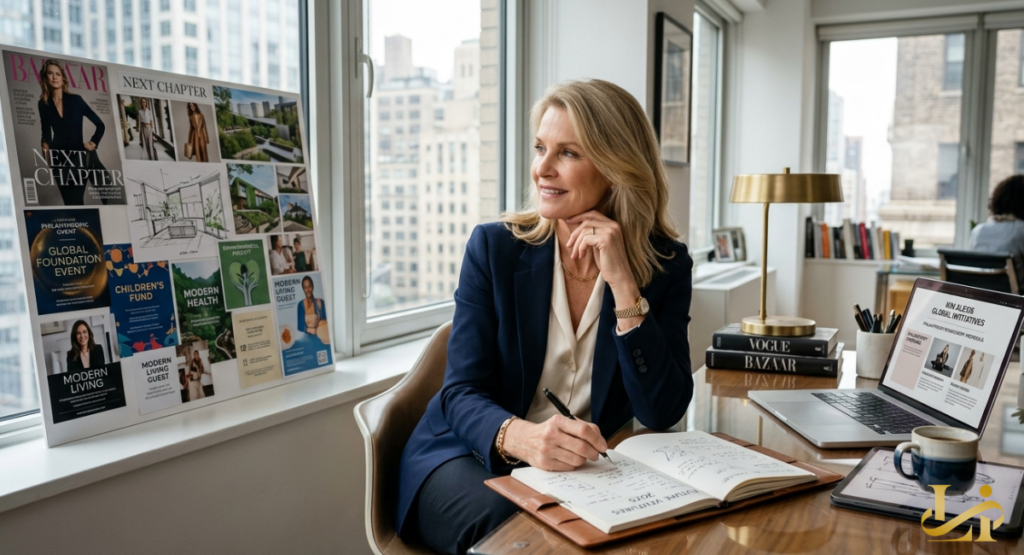 A professional woman looks out a window thoughtfully while sitting at a desk with a laptop and a vision board labeled "Next Chapter."