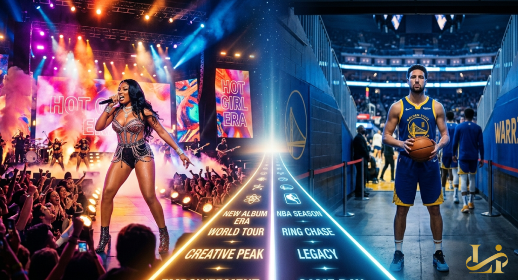 Performer commands a “HOT GIRL ERA” stage while athlete walks the tunnel with a basketball, separated by a glowing path
marked “NEW ALBUM ERA” on one side and “NBA SEASON” on the other.