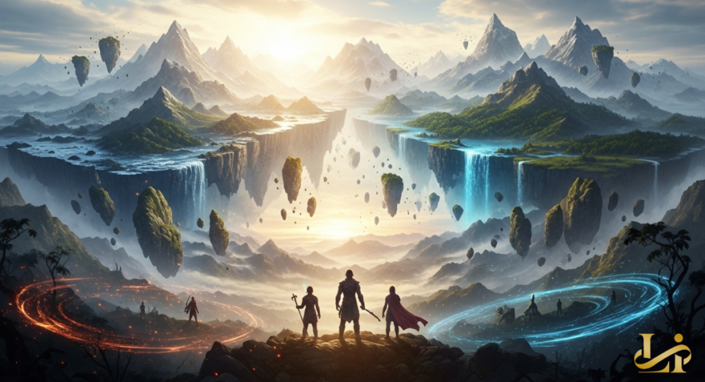 A wide panoramic view of four silhouetted heroes standing before a massive, sun-drenched mountain range.
