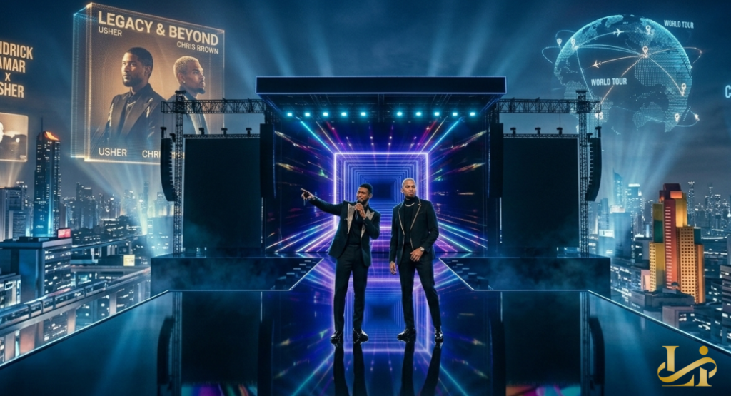 Two singers stand on a reflective glass stage against a futuristic cityscape with a digital globe showing "World Tour" flight paths.