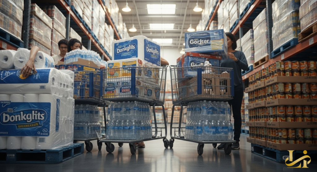 A shopping cart filled with bulk-sized paper products, detergents, and large-format cleaning supplies in a warehouse setting.