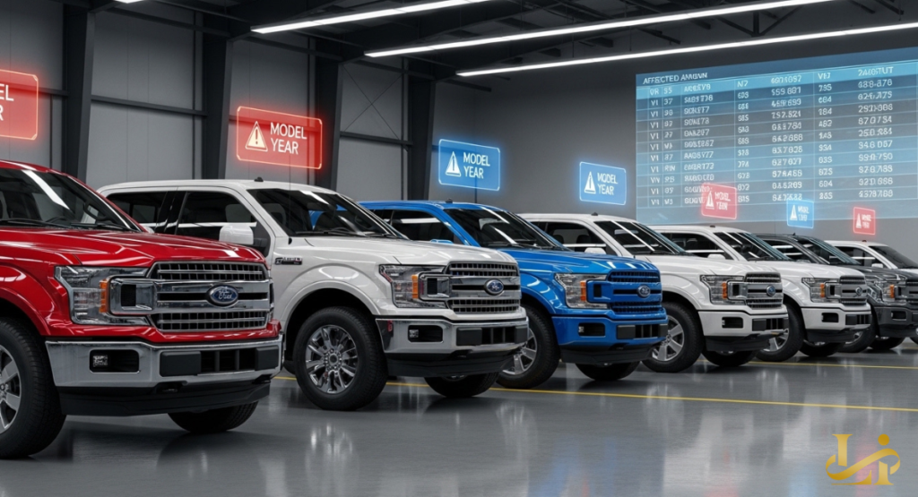 Row of F-150 trucks in red, white, and blue parked in a facility with glowing signs reading “Model Year” and a digital board listing affected production ranges.