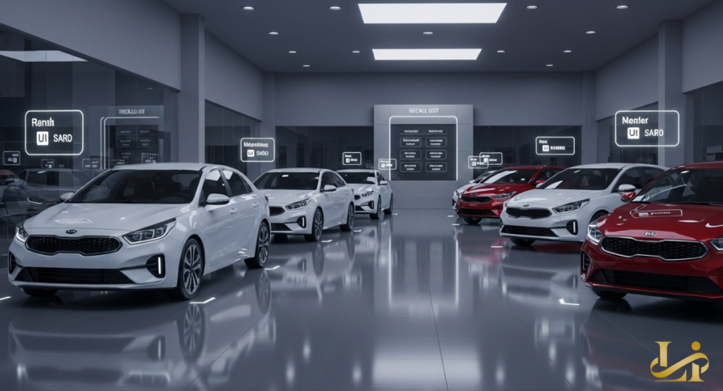 Six Kia sedans and hatchbacks sit in a modern showroom under a central “RECALL LIST” display with model names.