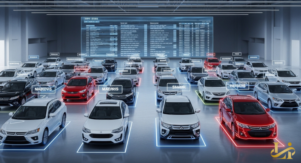 Dozens of Mitsubishi sedans and SUVs are arranged in a tech warehouse with VIN data glowing overhead