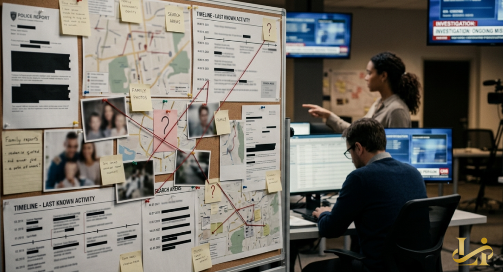 A cluttered corkboard in an investigation room filled with maps, police reports, and a "Timeline of Last Known Activity."