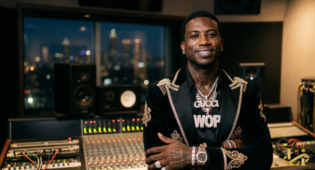 A professional portrait of a successful rapper wearing diamond-encrusted jewelry and a stylish leather jacket against a dark background.